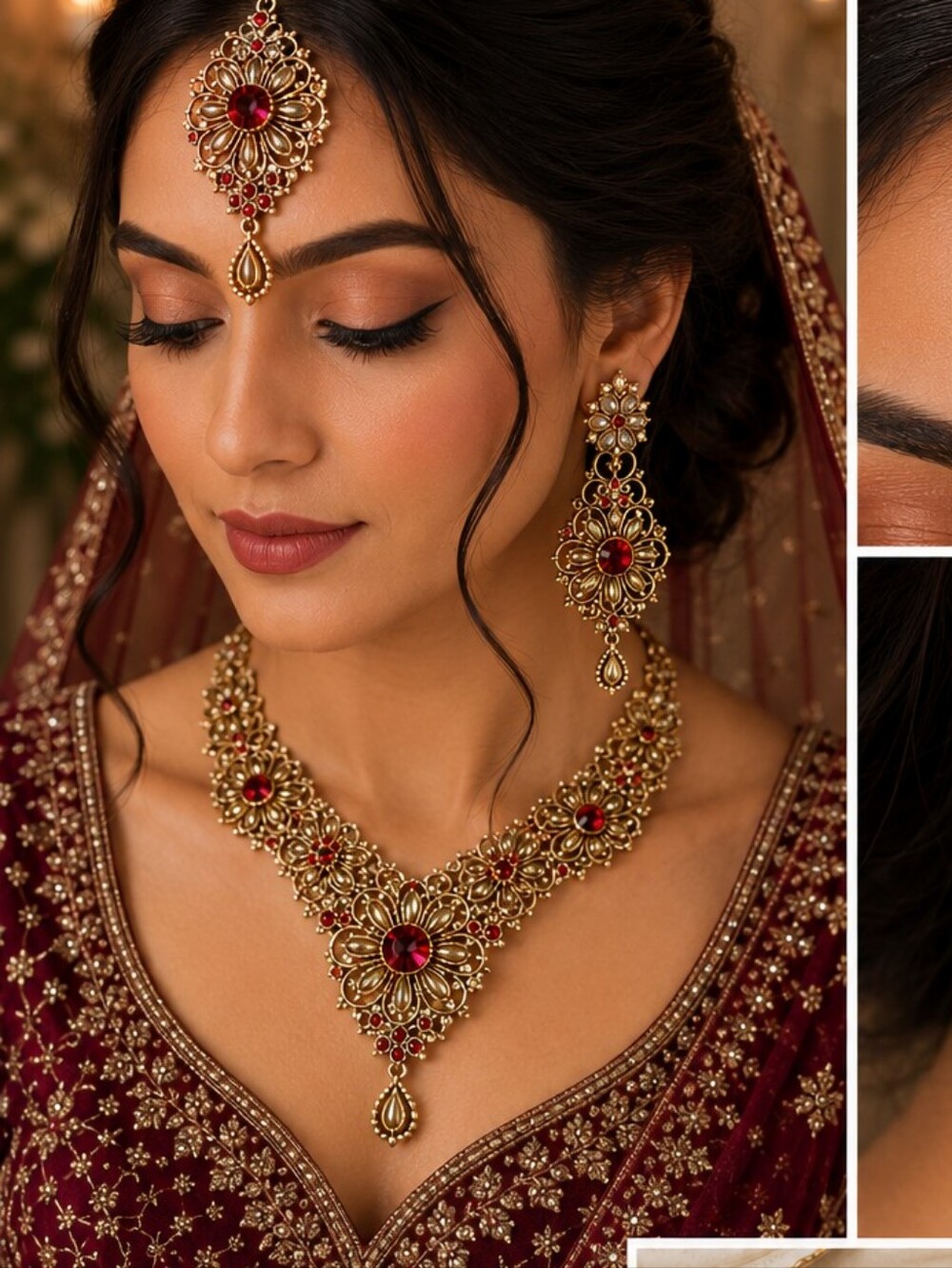 Gold-Tone Floral Necklace Set with Red Stones - Women Jewelry